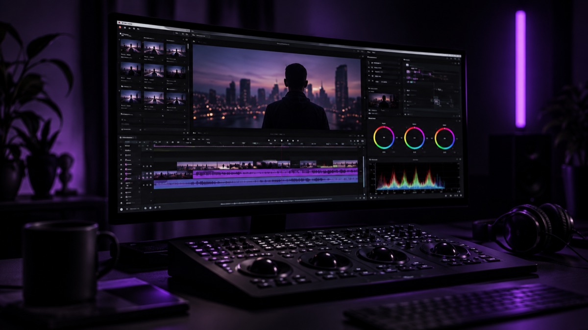 Edit and color-grading suite with a timeline and scopes on screen