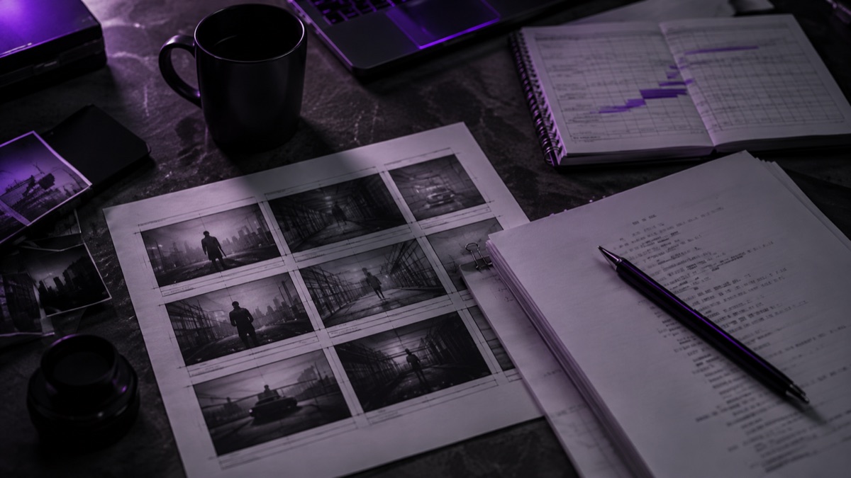 Storyboards, a script, and a production schedule laid out on a desk