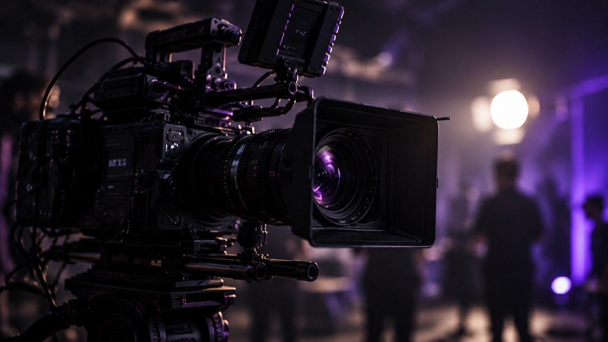 Cinema camera rig on a lit set with crew in the background